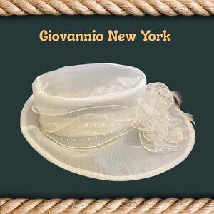 Giovannio New York Elegant White Polka Dot Lace & Feather Hat